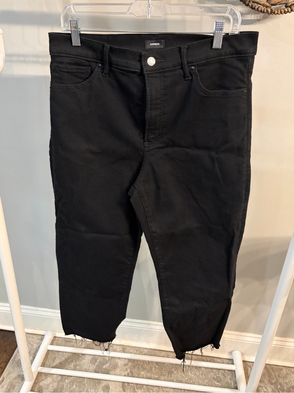 Express Black High Rise Straight Ankle Jeans Raw Hem Size 12S Hyper Stretch